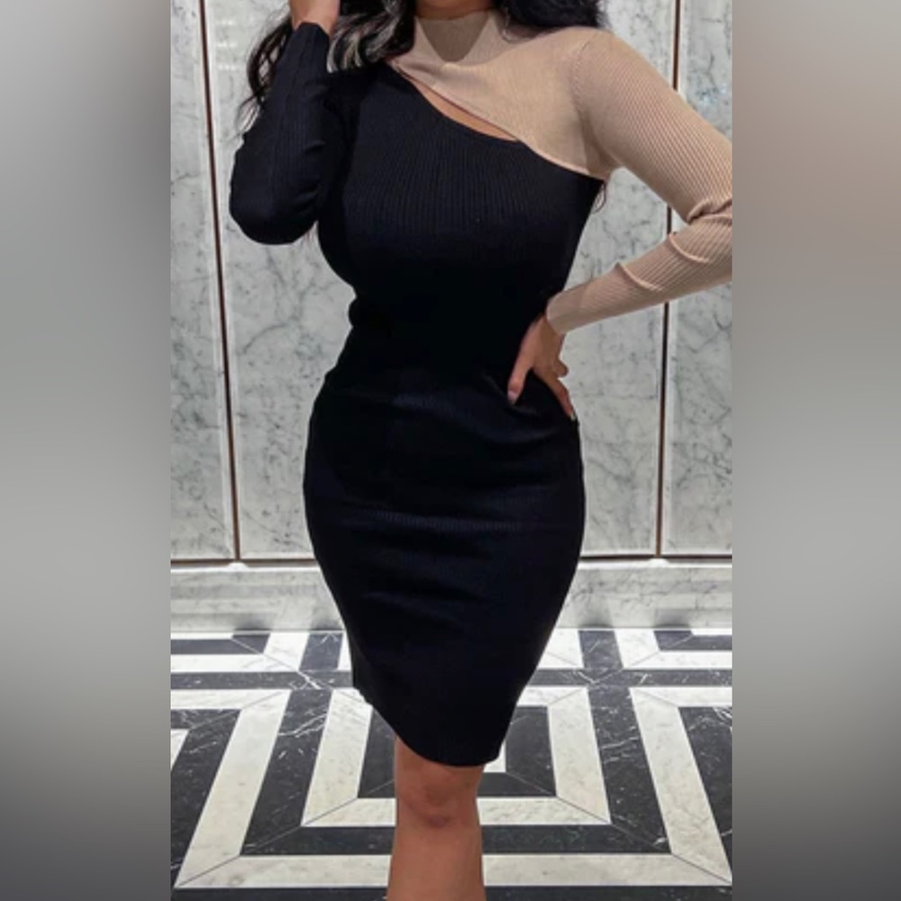 Black Knit Ribbed Cut Out Asymmetrical  Body Con Dress -  size Small